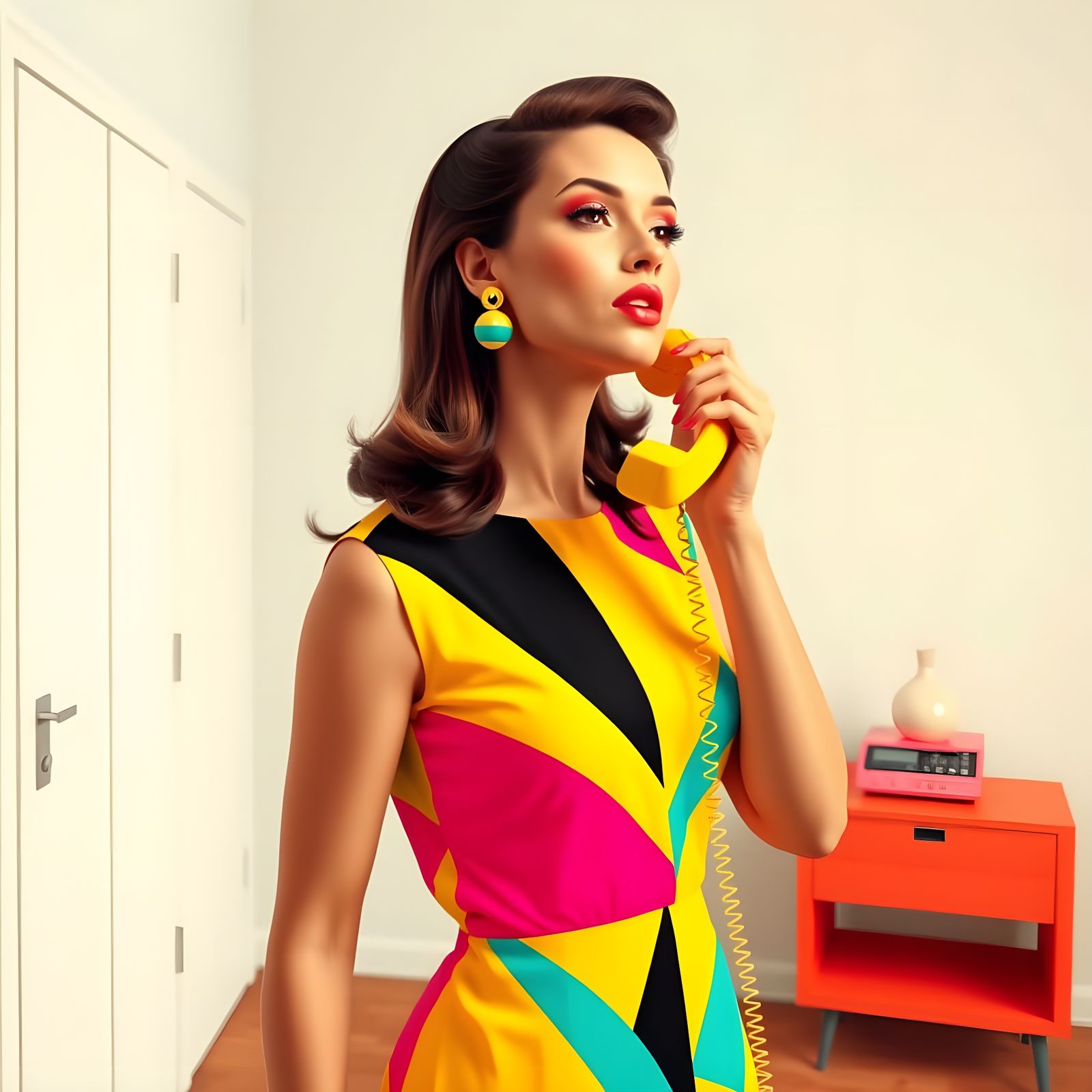 Woman in Retro-Futuristic Telephone Scene, in Pop Art Style