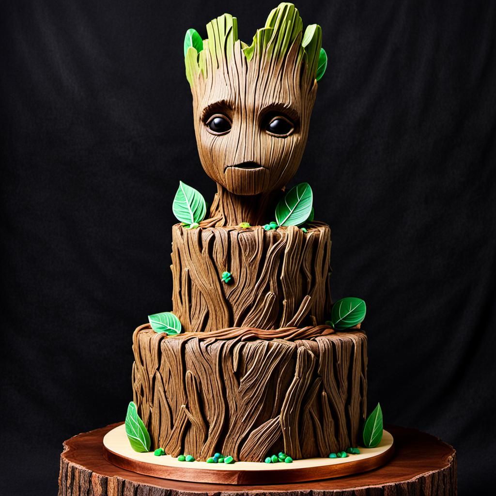 Design a cake inspired by Groot, the lovable Guardian of the Galaxy. Incorporate earthy colors, woody textures, and Groo...