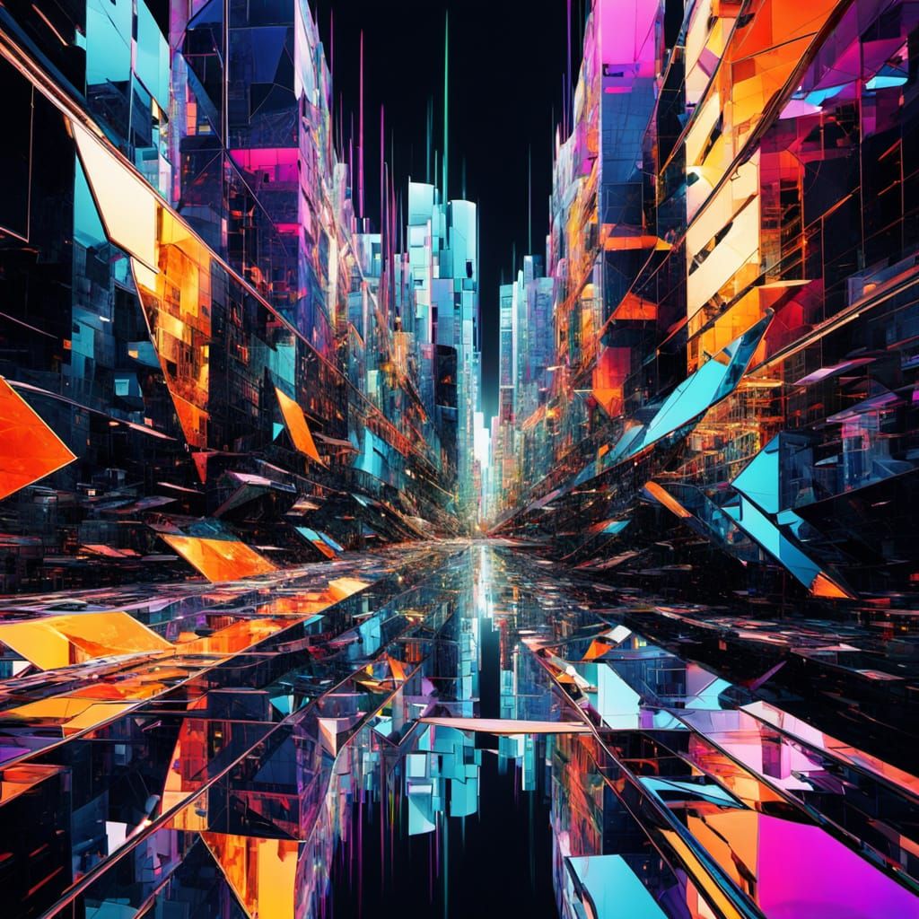 Abstract Mirrored Shards Reflecting Cityscape in Expressioni...