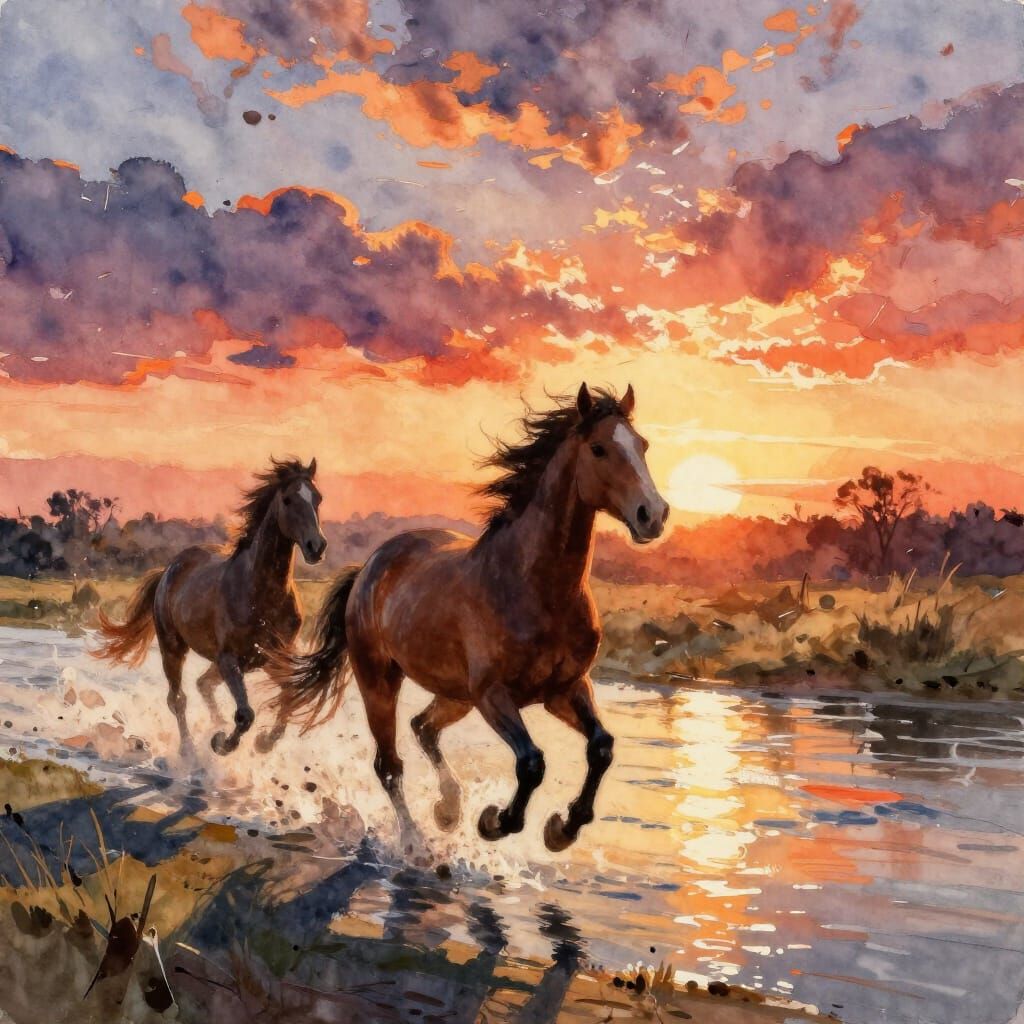 Wild Horses Gallop Through River at Sunset