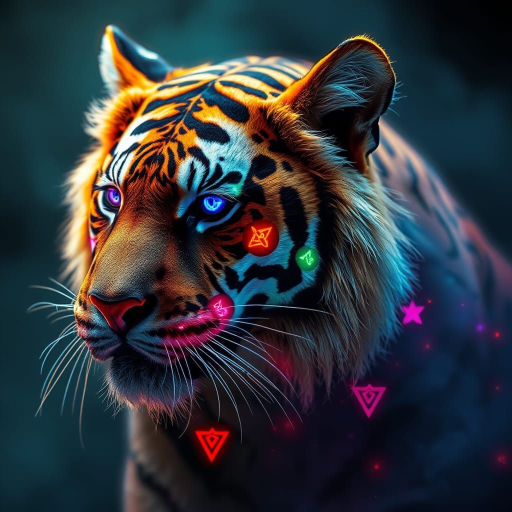 Mystic Tiger with Runes and Prismatic Light