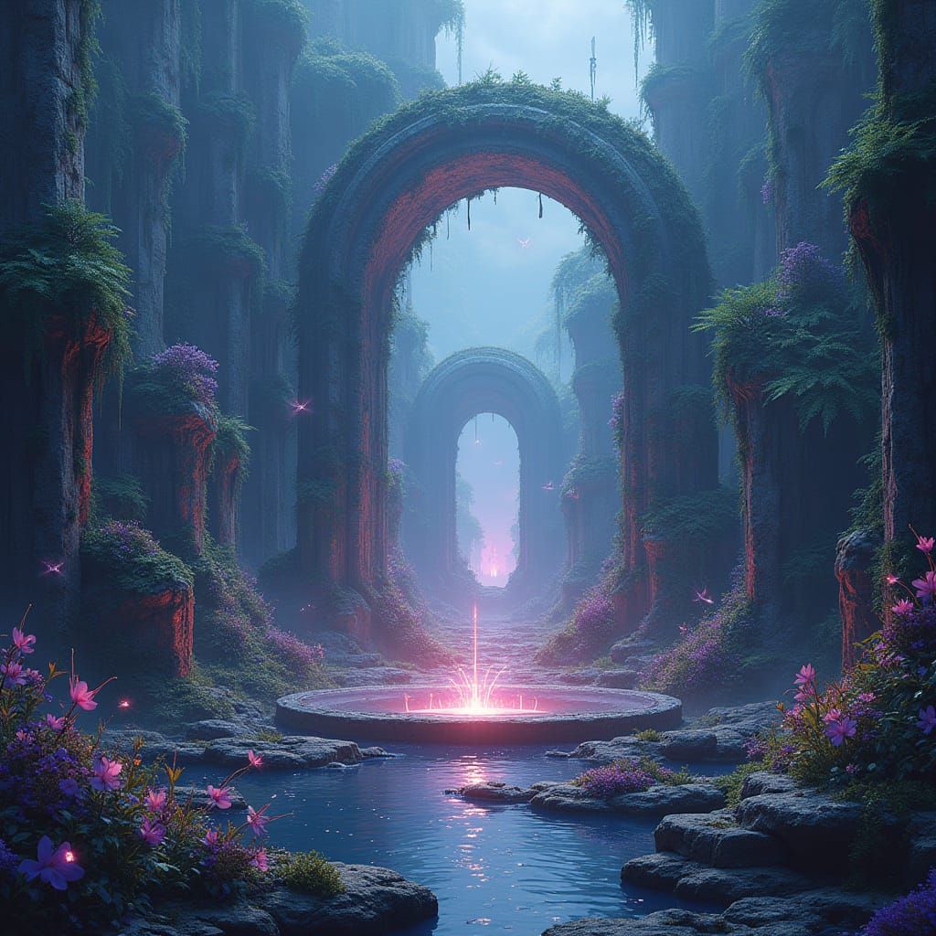 Enchanted Realm with Ancient Portal and Lush Landscapes in C...