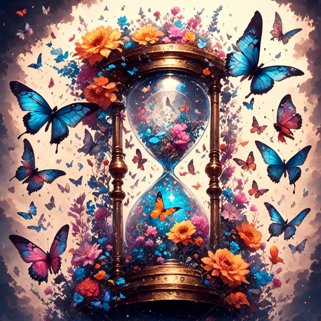 Floral Hourglass with Butterflies in Watercolour Style