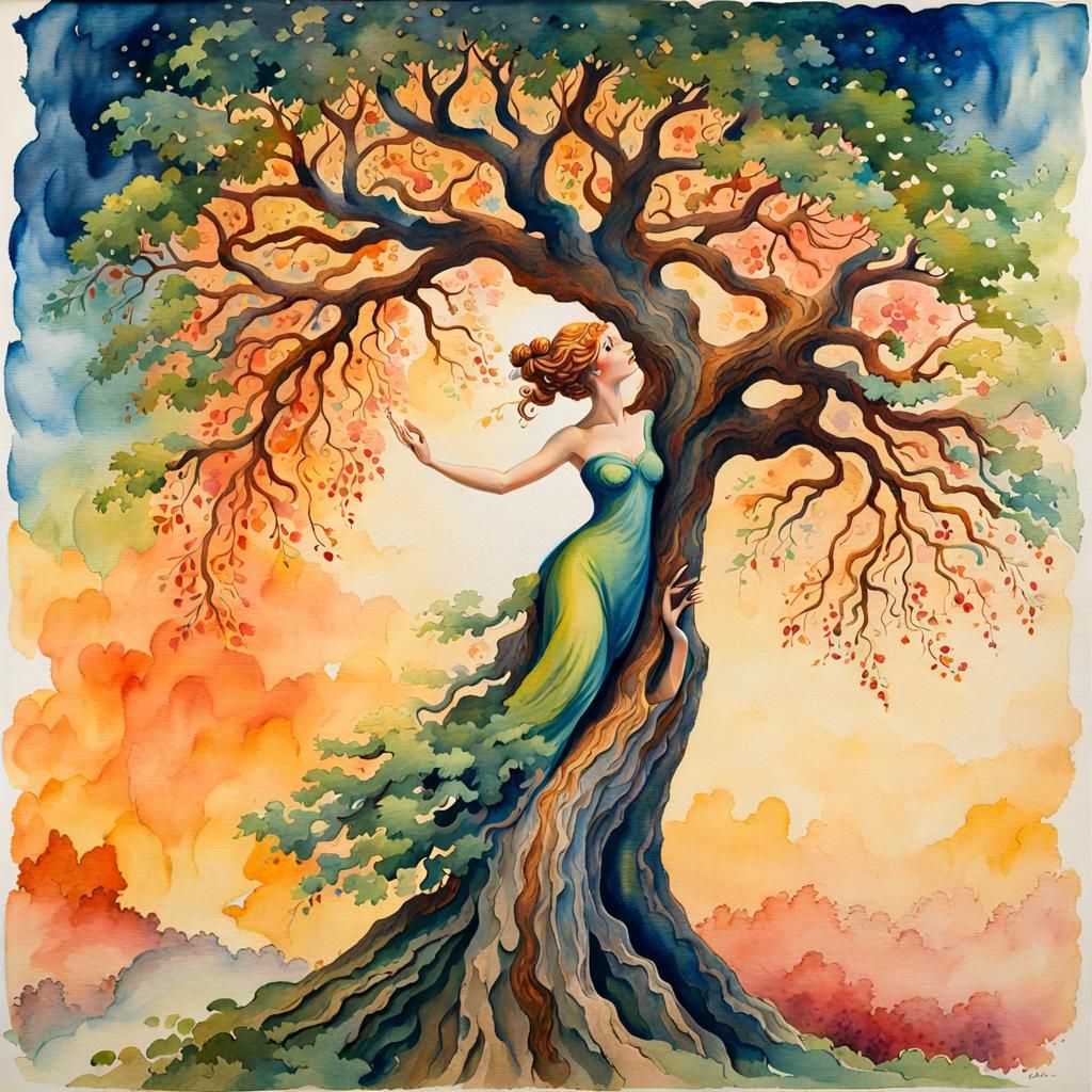 Tree Nymph Under Starry Sky in Watercolor Style