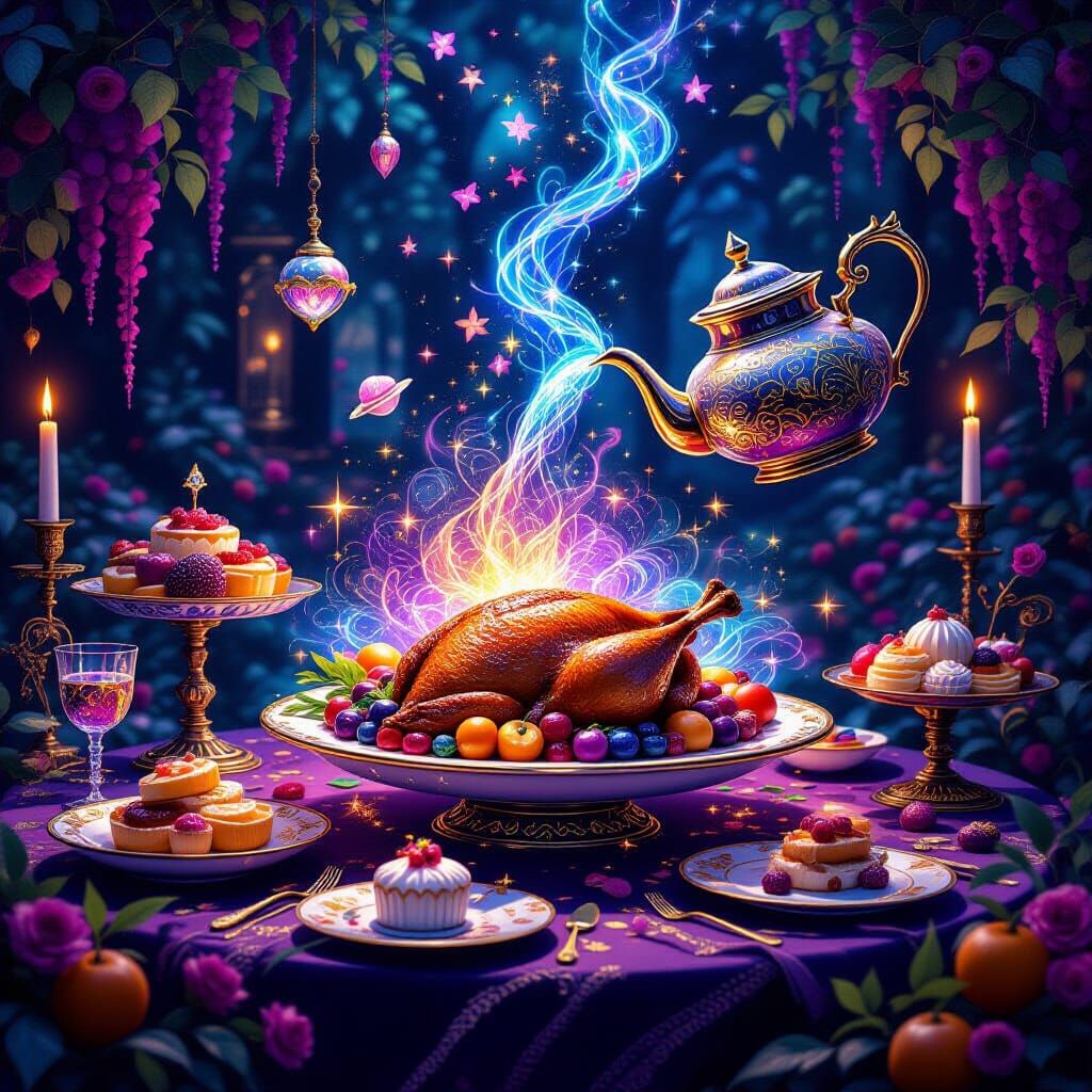 Magical Levitating Feast and Glowing Desserts in Digital Pai...