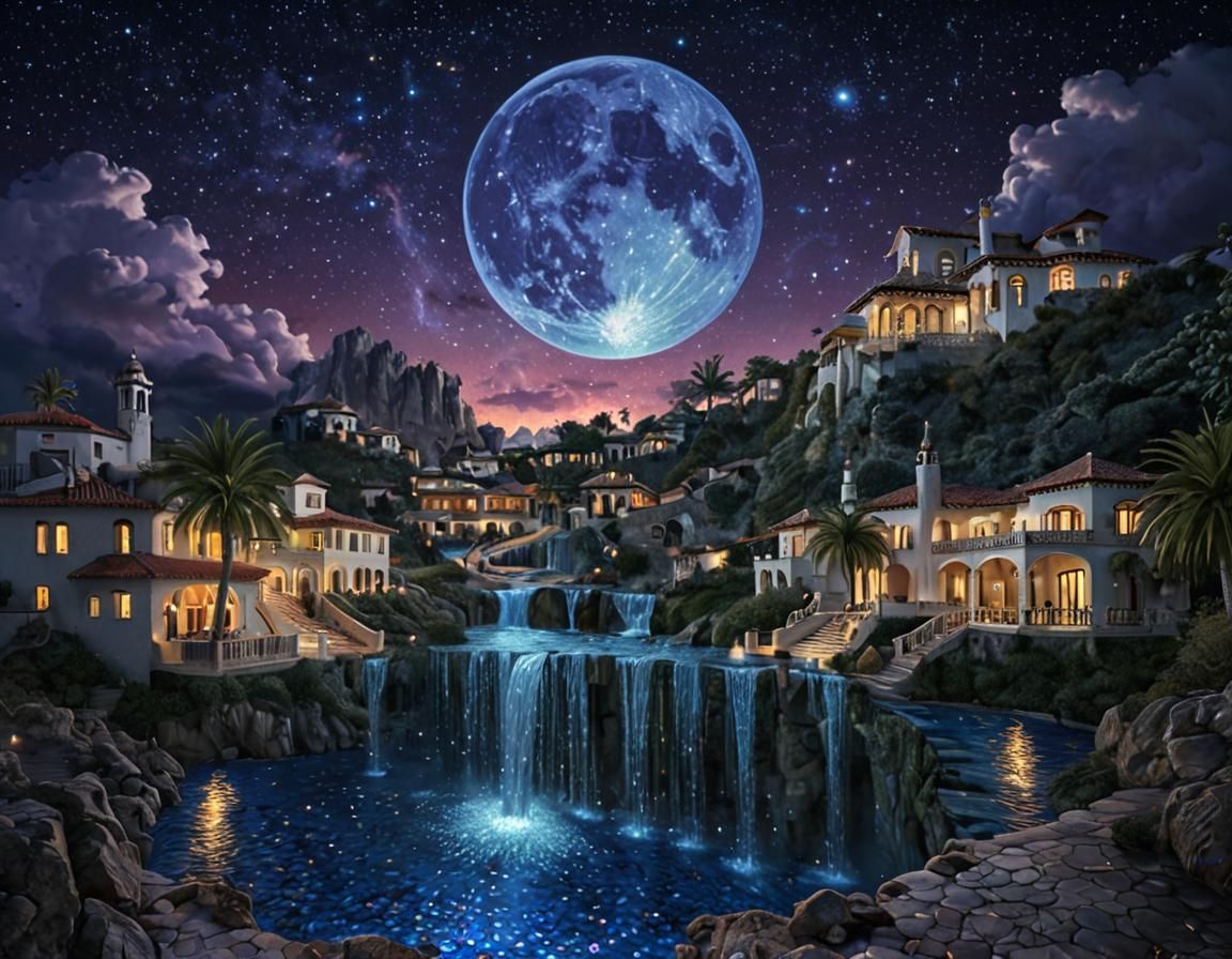 Fantasy Pearl City Under Opal Waterfall