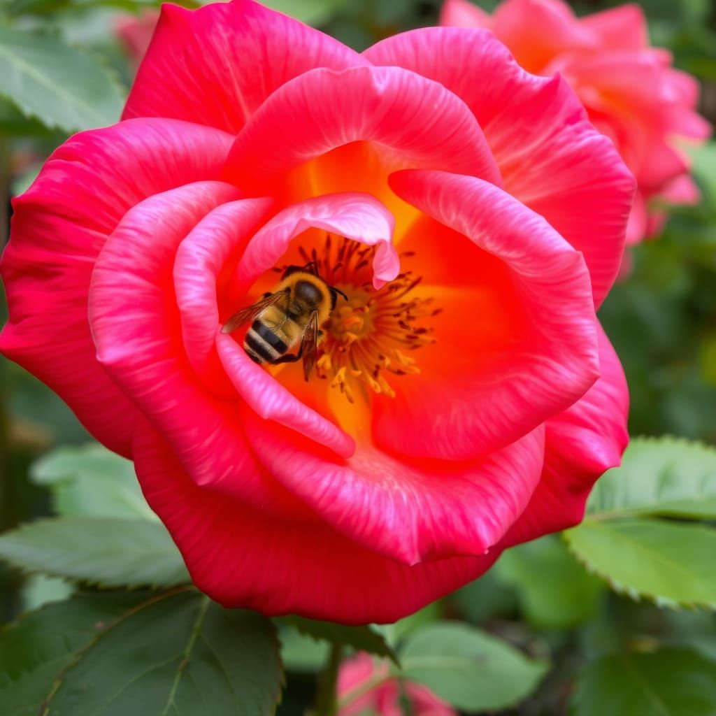 Vibrant Large Rose Blooms with Busy Bee Collecting Nectar