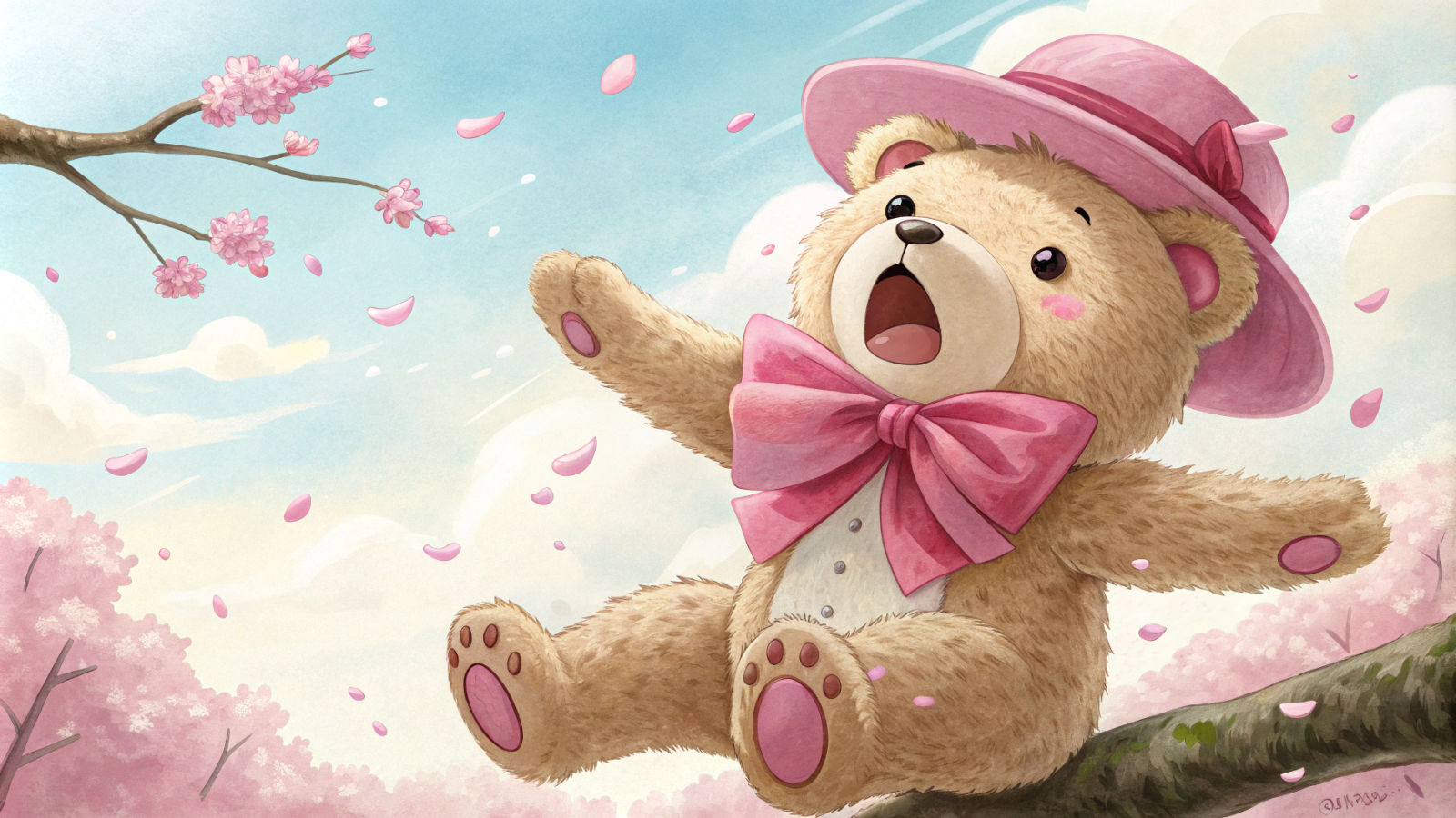 Falling Teddy Bear in Anime Key Visual Style