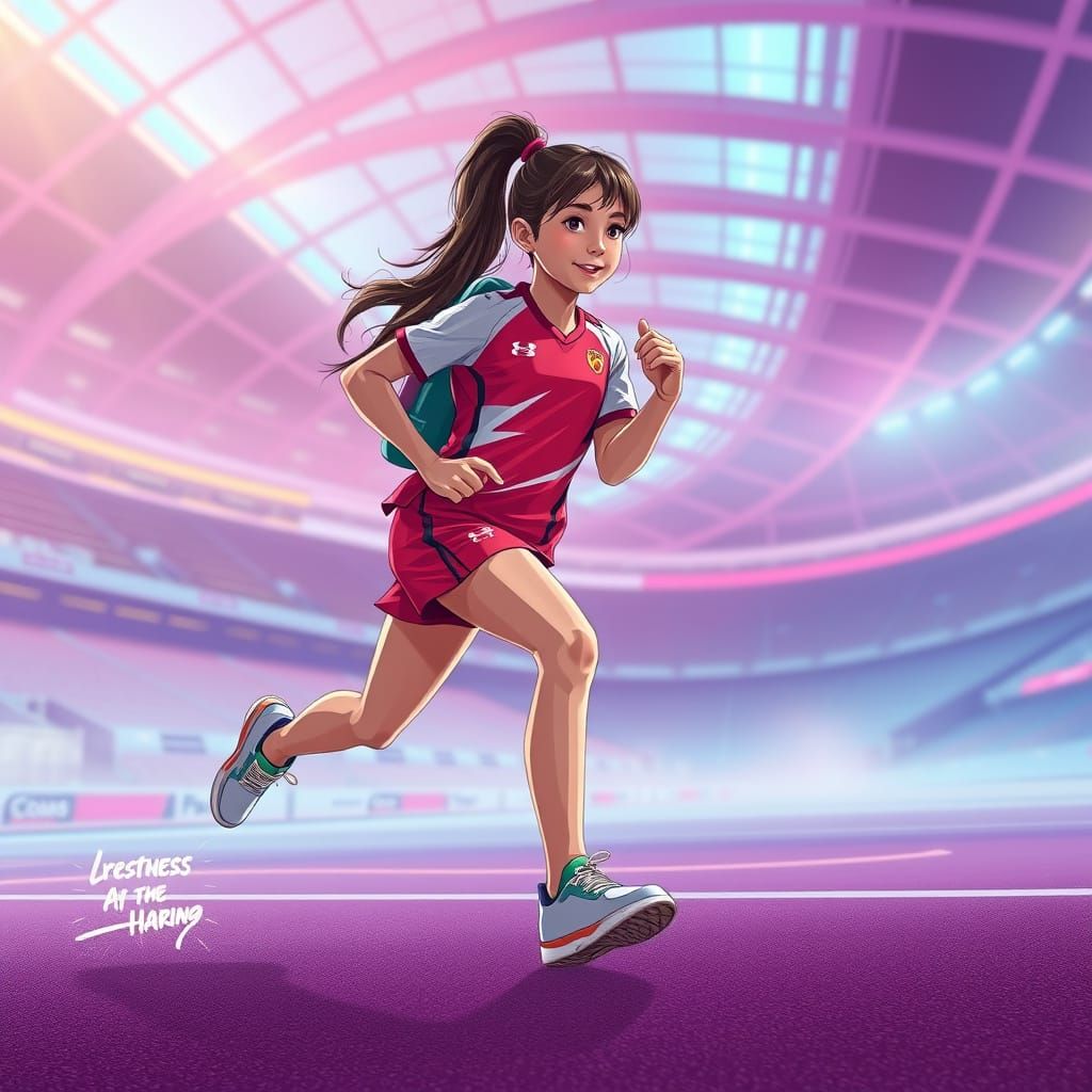 Athletic Girl Running in Futuristic Stadium Art