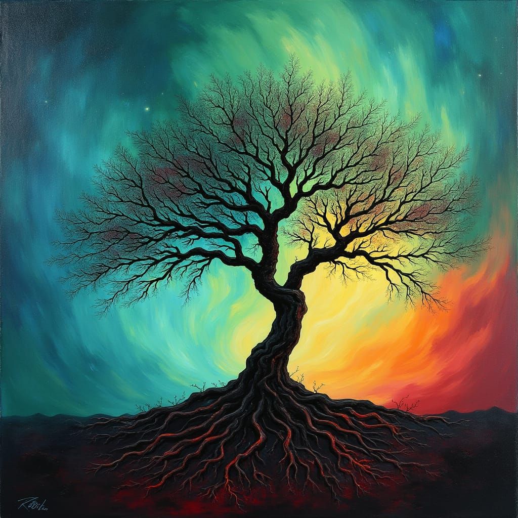Aurora Sky Meets Majestic Tree, Abstract Painting