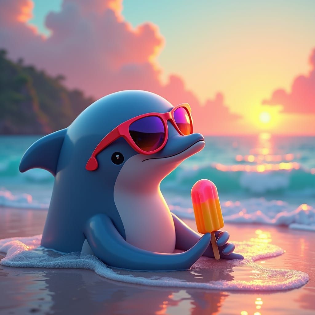 Dolphin on Beach with Popsicle, Digital Art