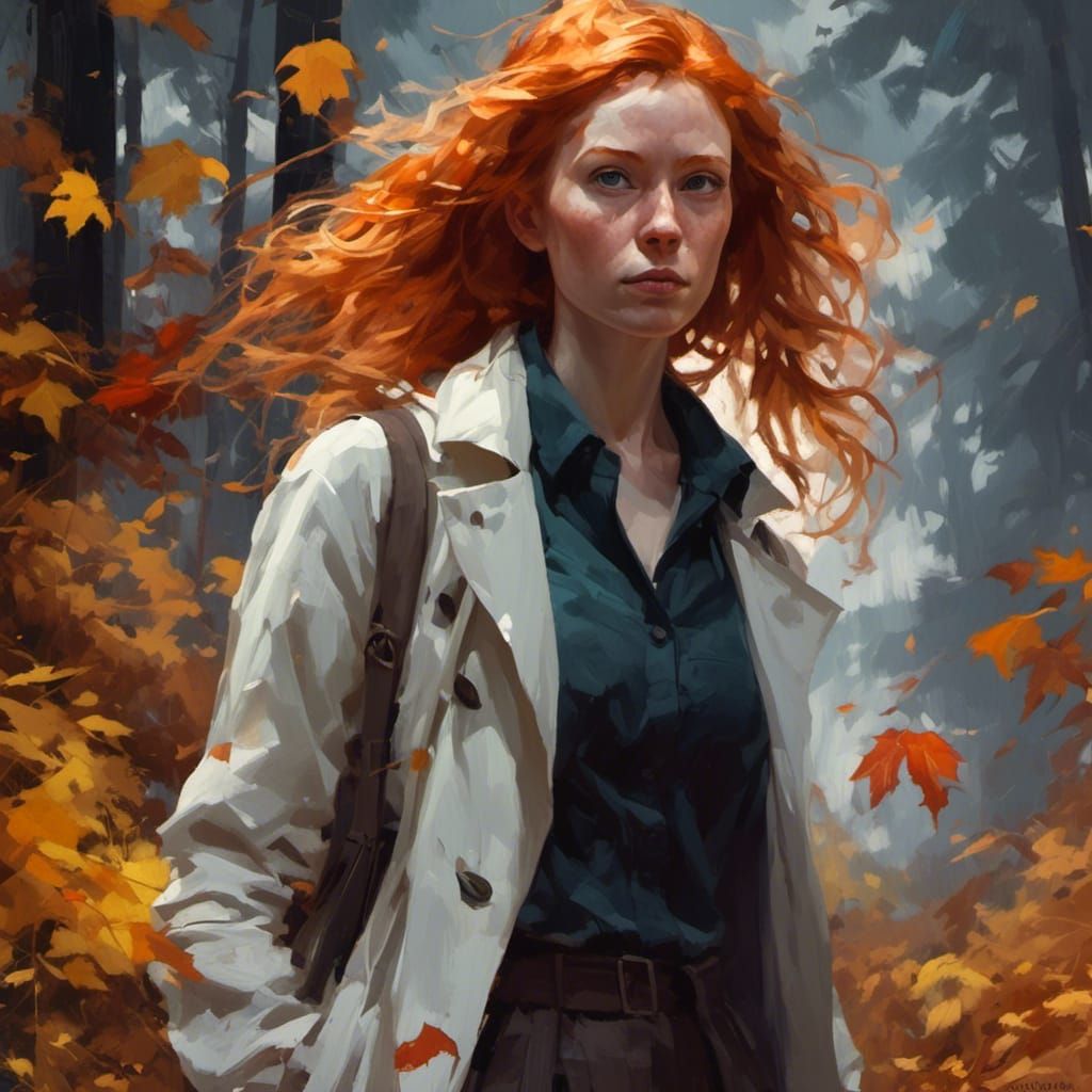 Dramatic Painting of Ginger Woman in Fall Colors