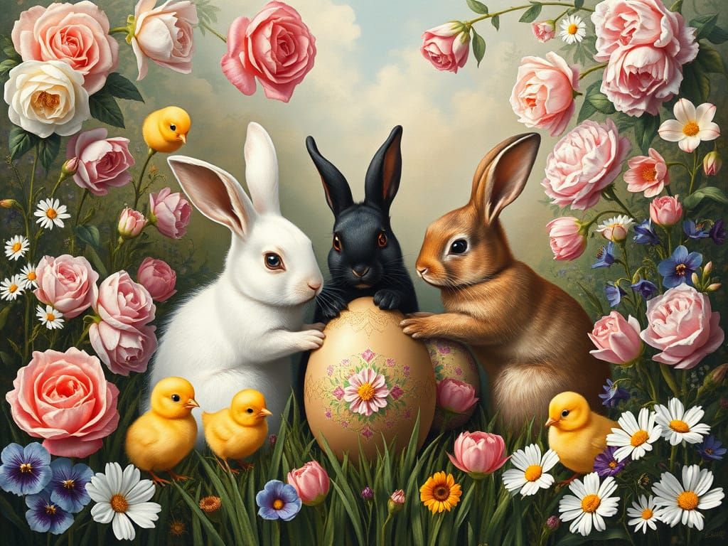 Easter Bunnies and Chicks in Renaissance Gouache Style