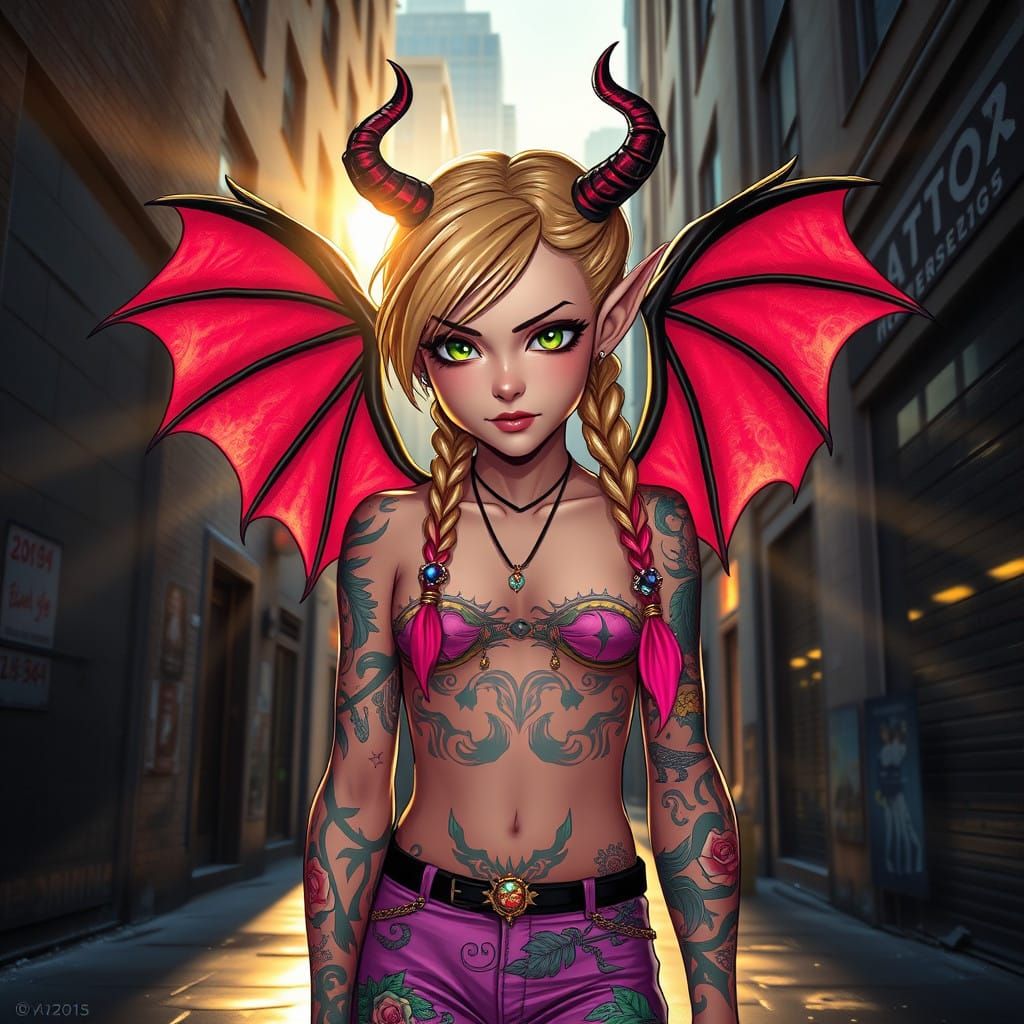 1girl, standing, incubus, blonde, pink highlights, devil wings horns,tattoos, green eyes, alleyway, cholo outfit, braid,...