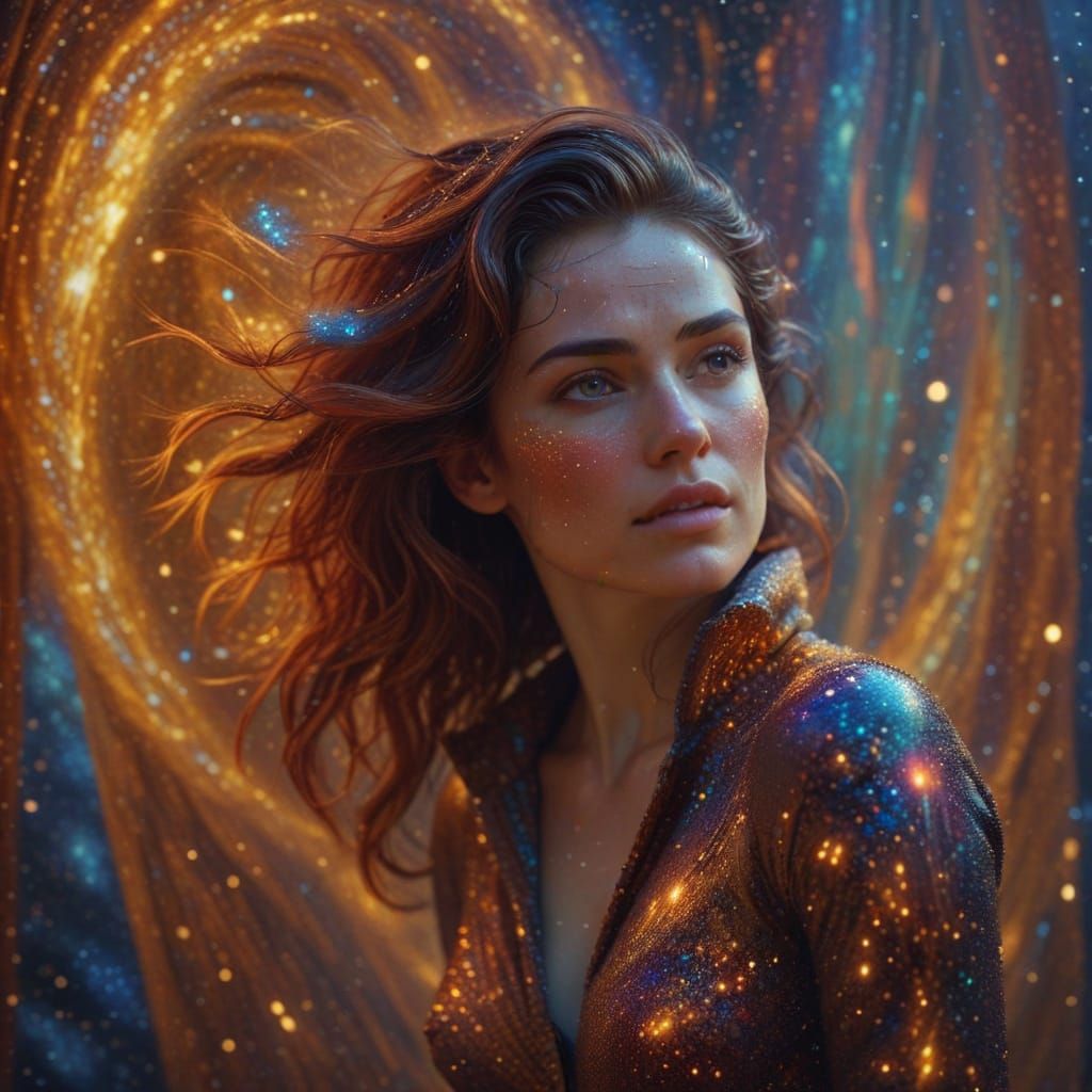 Ethereal Woman Illuminated by a Celestial Starry Night