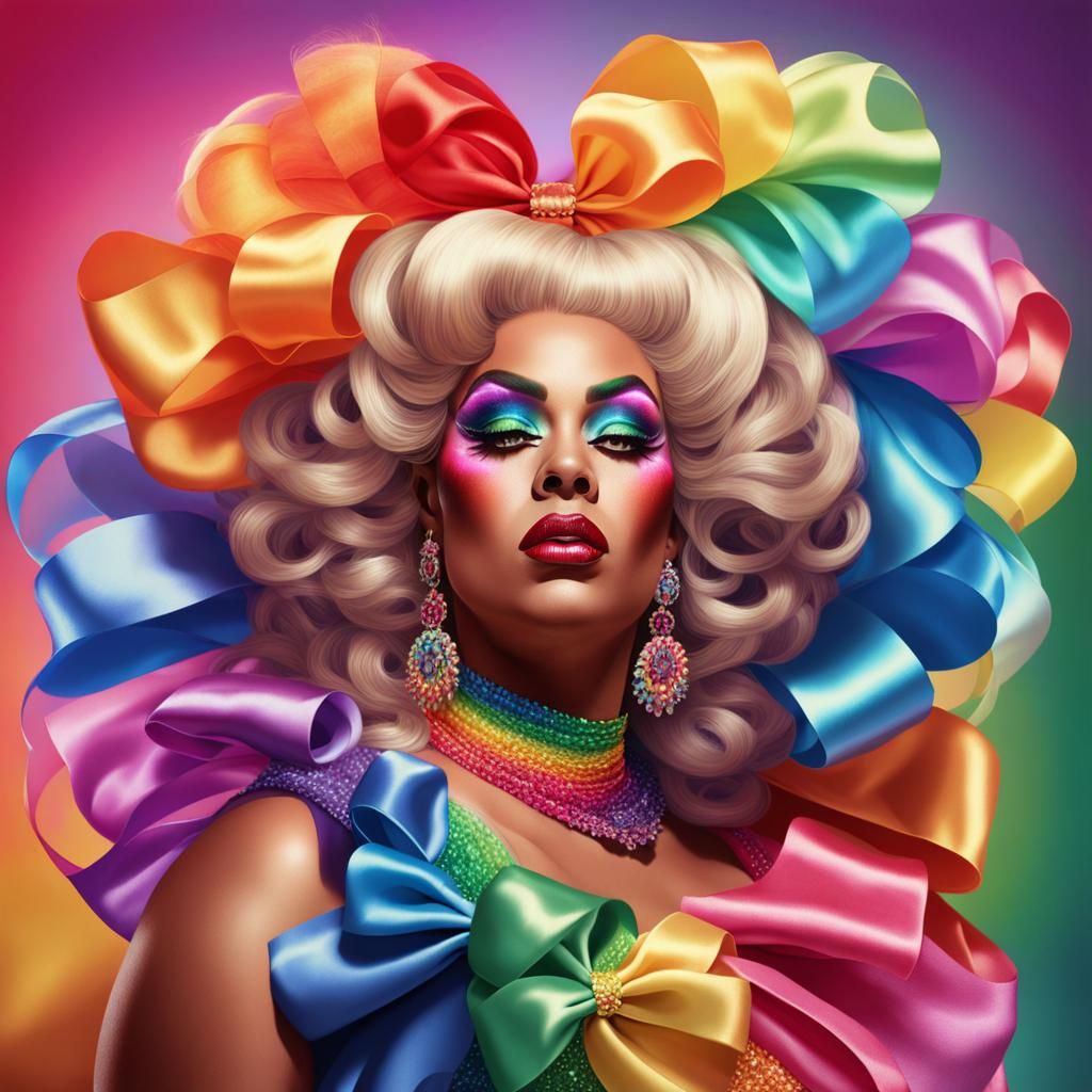 Ultra feminine drag queen silky sissy satin chiffon rainbow makeup big hair bouffant ribbons and bows girlie BBW