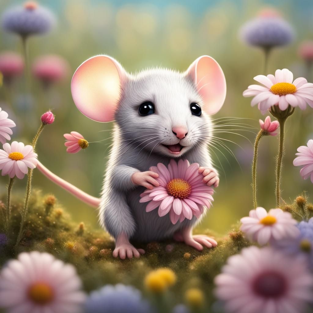 Cute Baby Mouse with Flower in Field