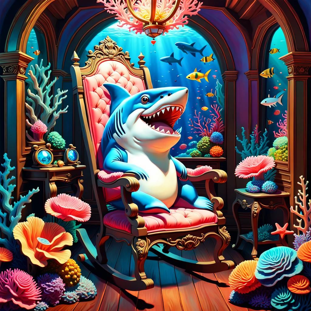 Cute Shark in Rococo Coral Garden, 3D Art