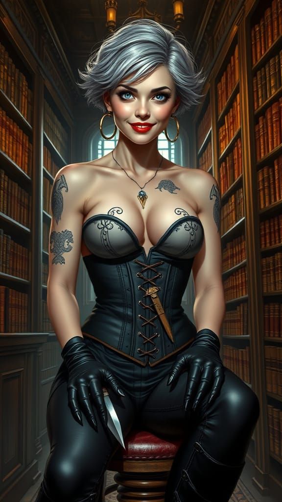 Ethereal Female Warrior in Victorian Library