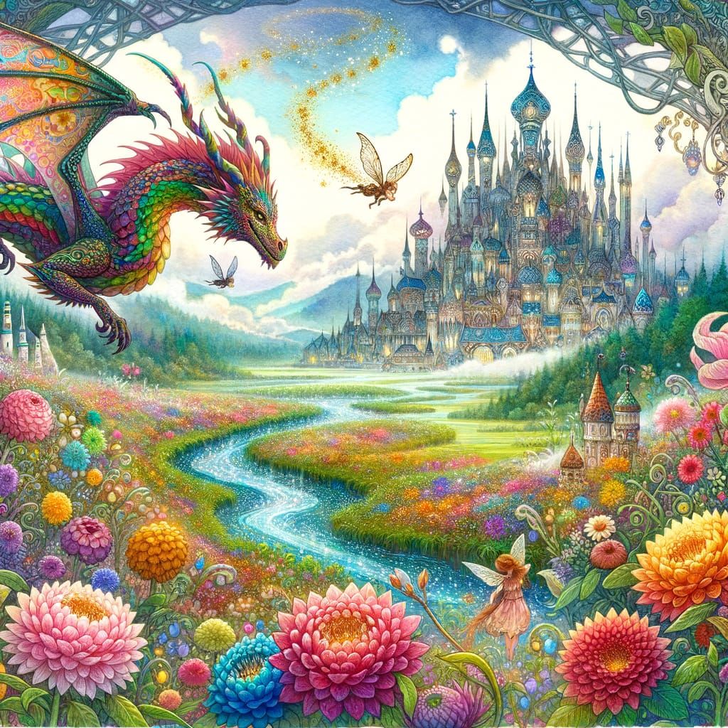 Watercolor Fairy Kingdom with Dragon and Castle