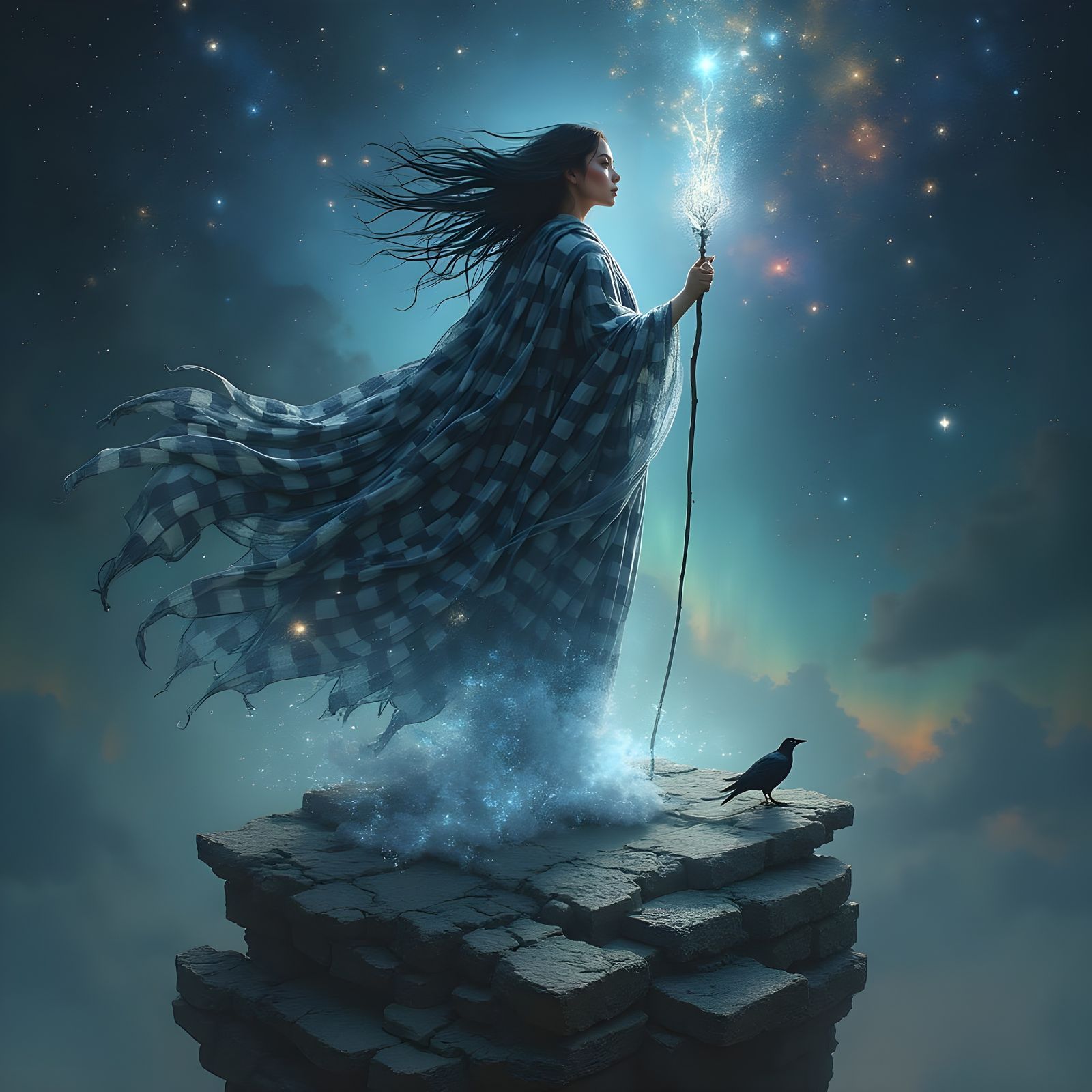 Celestial Oracle in Gingham Robes amidst Cosmic Portals