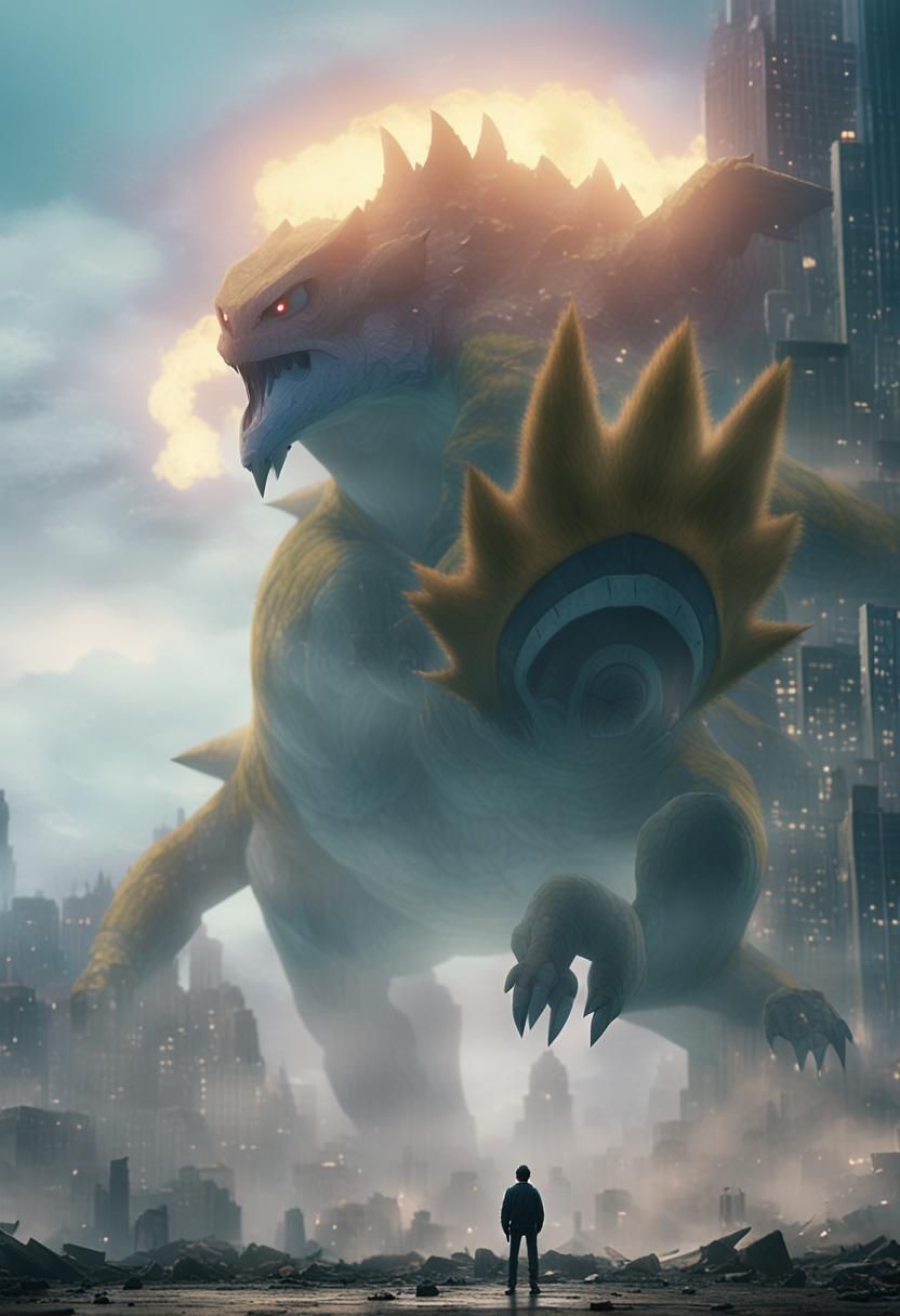 Gigantic Pokemon in a Ravaged Cityscape