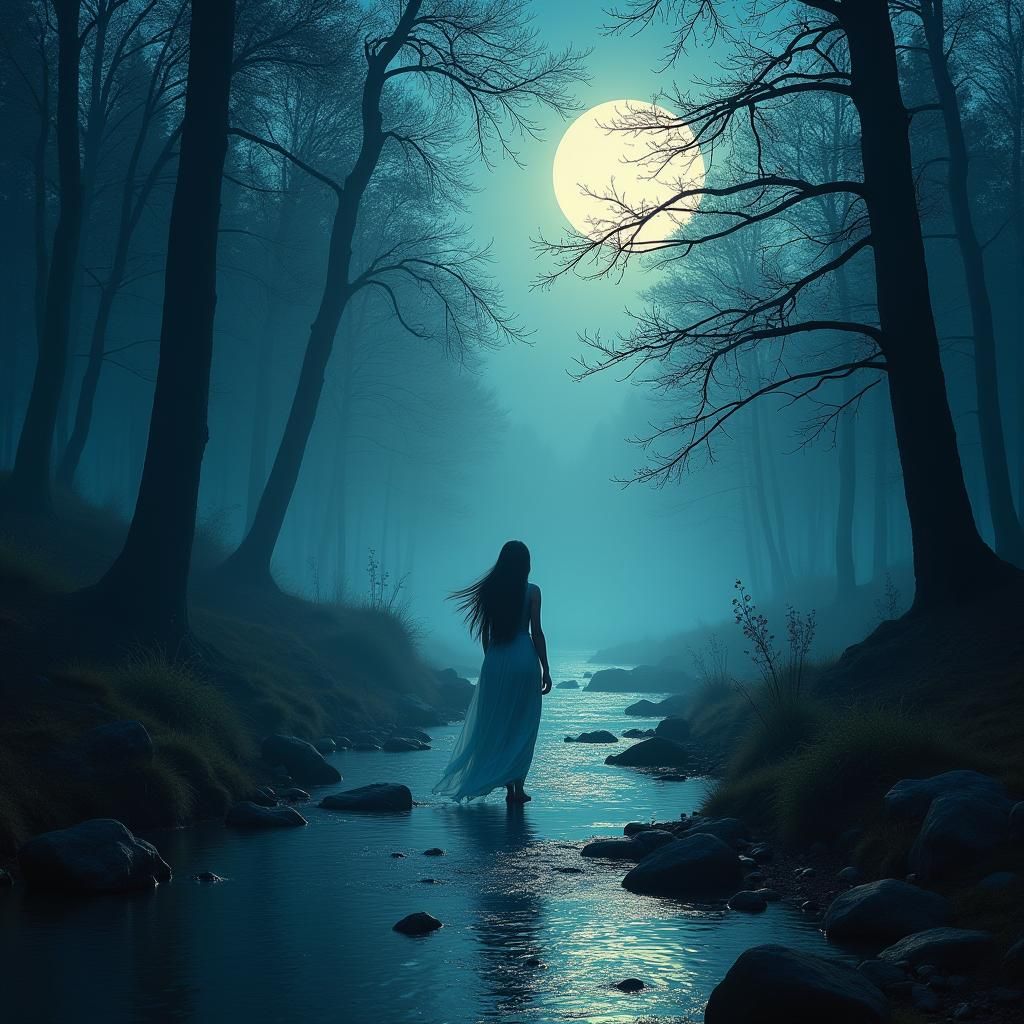 Mystical Moonlit Forest Stream with Woman in Silhouette