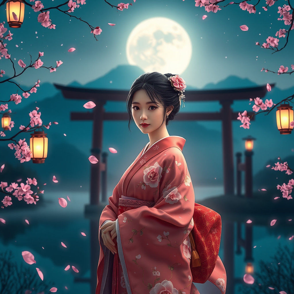 Asian Woman in Kimono Under Lanterns, Anime Style