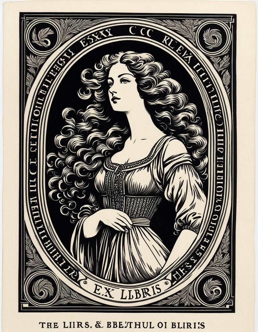 Black and White Woodblock Bookplate with Muse