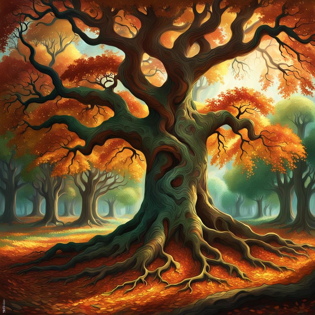 Majestic Tree in Autumnal Colors, Fantasy Concept Art