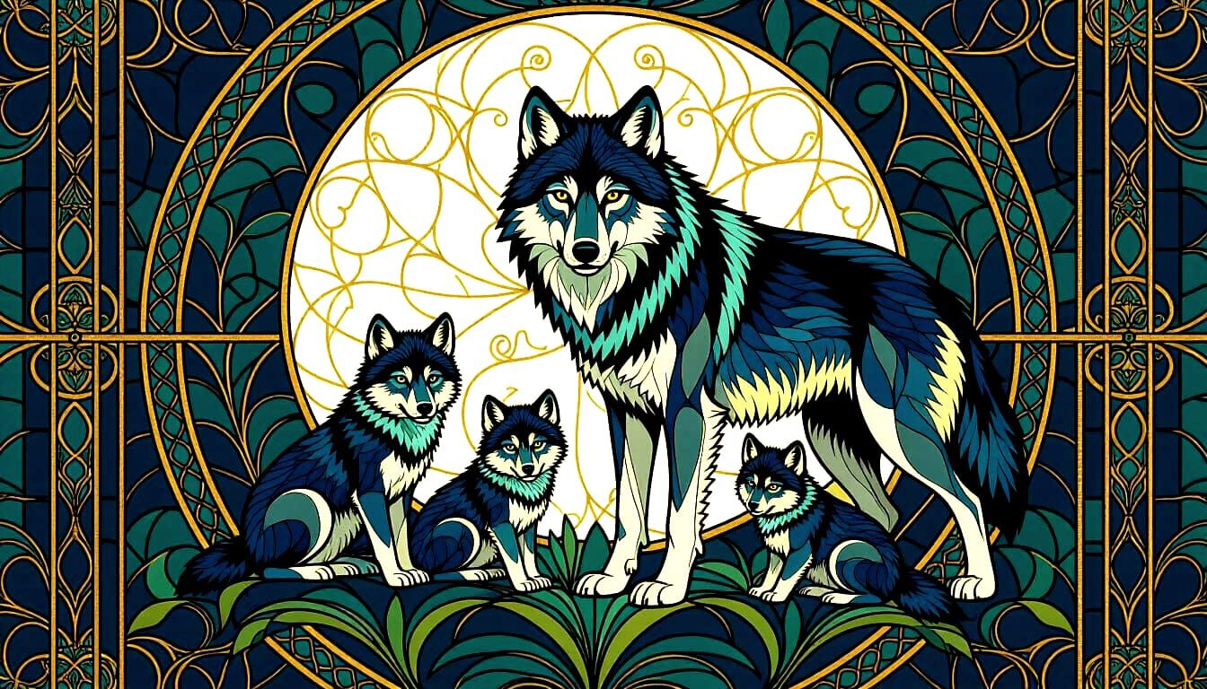 Art Deco Nouveau Wolf Family Mosaic - Hyperdetailed 3D Art
