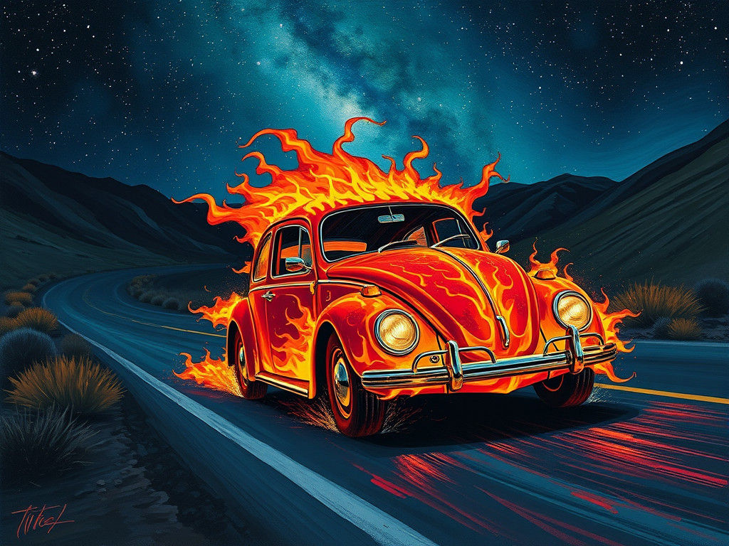 Flaming Volkswagen Beetle Speeds Down Winding Road Under Sta...