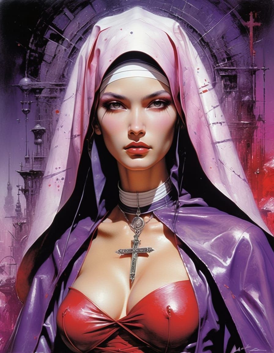 Abstract Nun in Purple, Pink, and Red