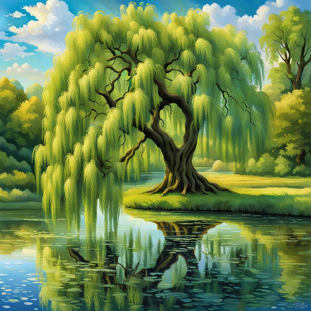 Weeping Willow Over Tranquil River: Japanese Watercolor