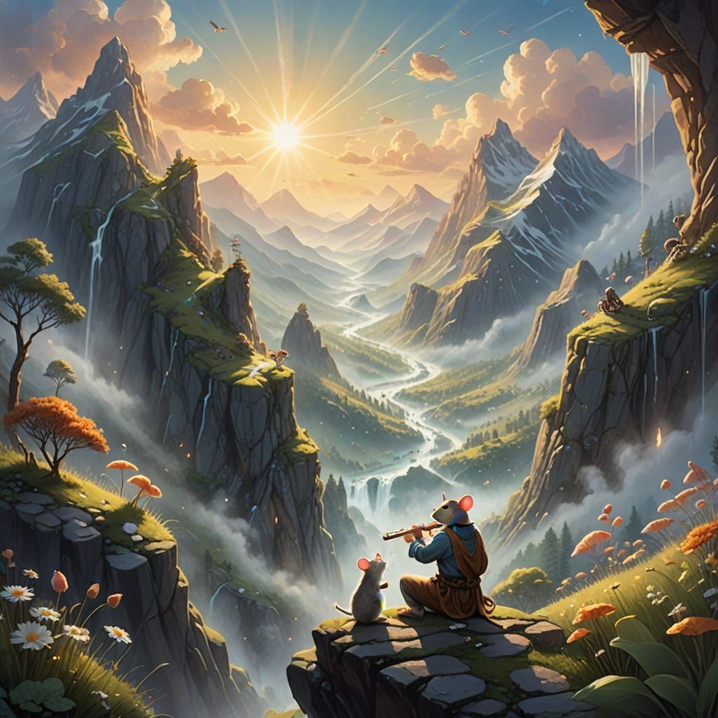 Fantasy Musician Charms Mice in Ethereal Mountain Landscape