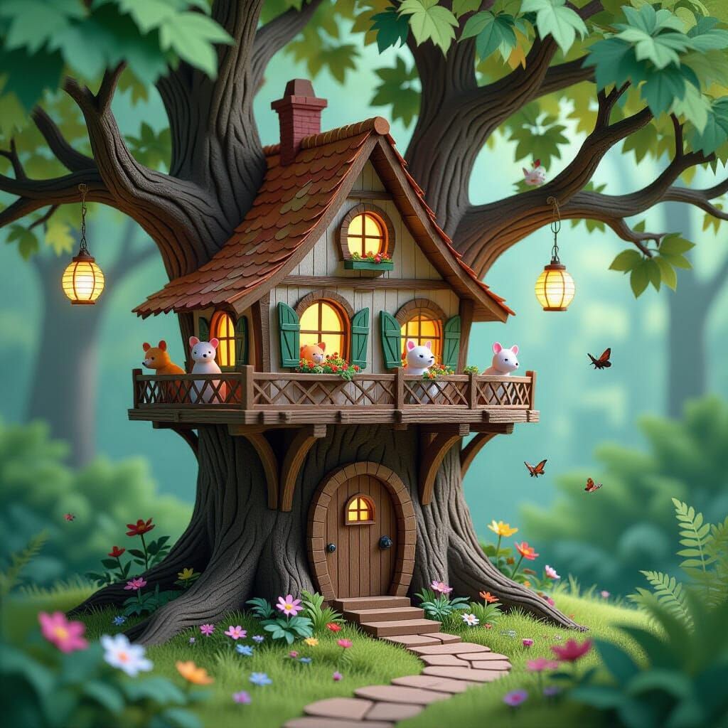 Whimsical Paper Treehouse in Diorama Style