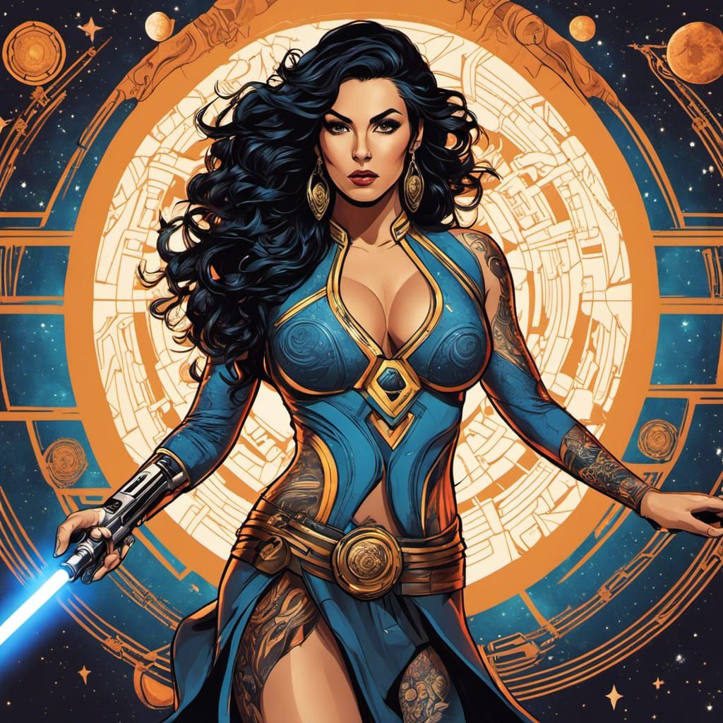 Tattooed Woman in Star Trek Uniform with Lightsaber