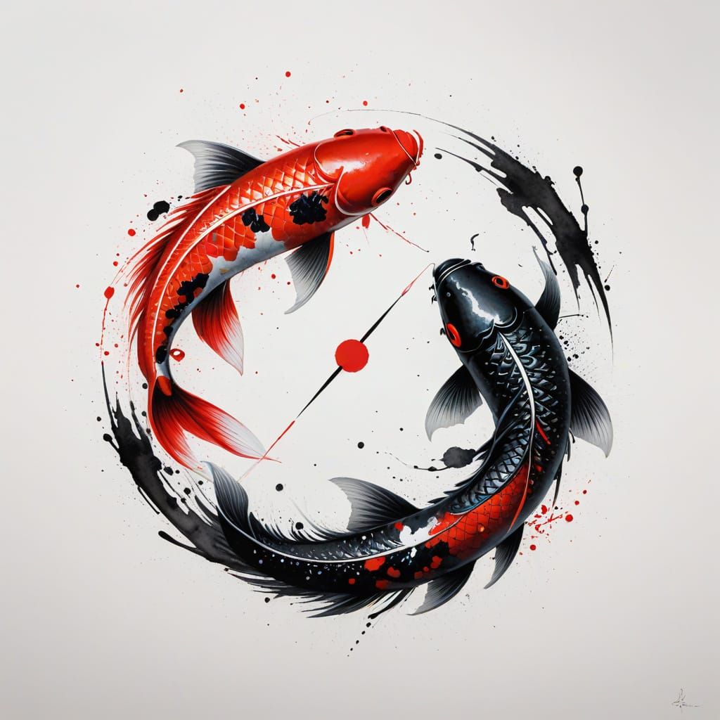 Red and Black Koi Fish in Modern Brush Painting Style