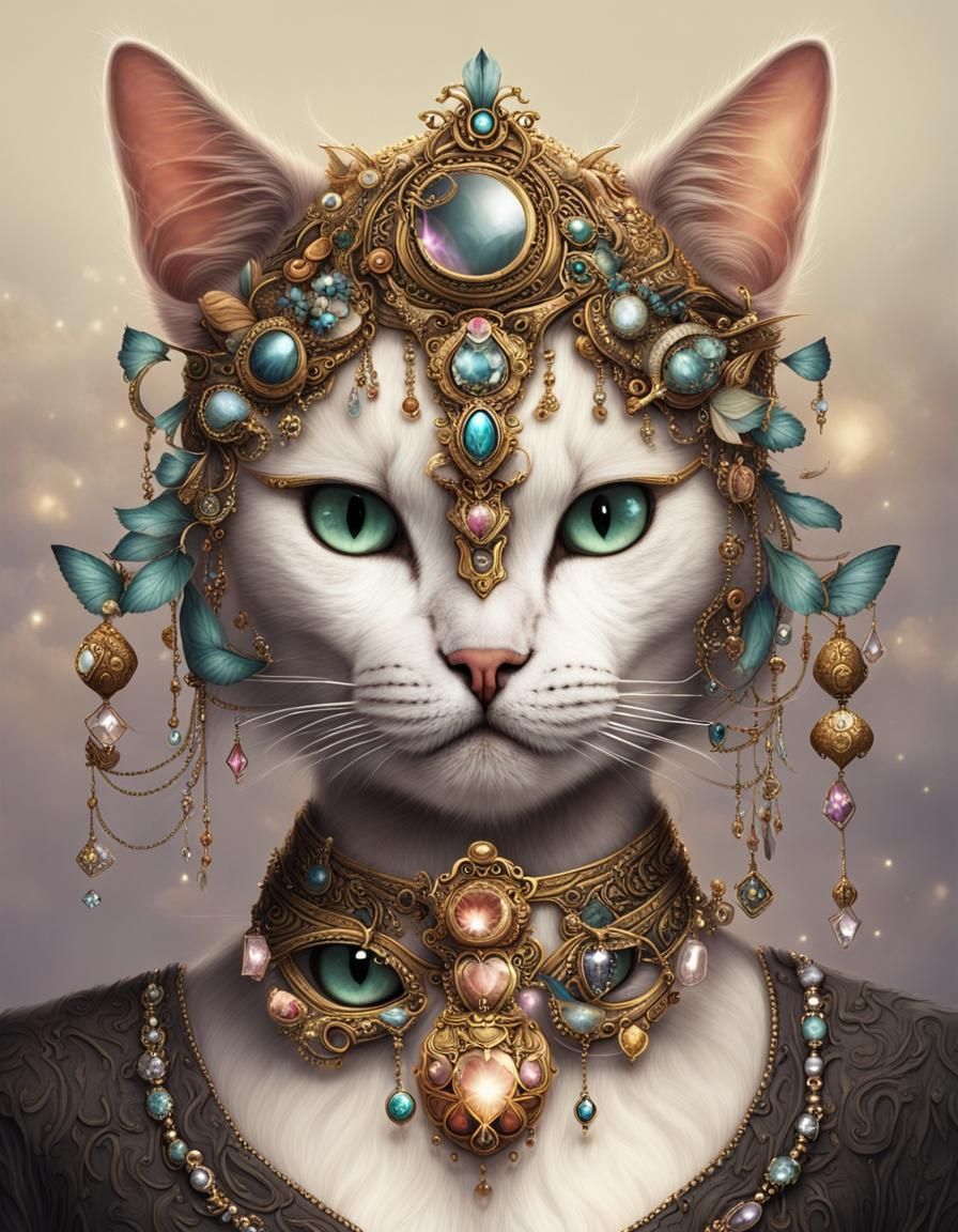 Mythical fantasy hybrids cat adorned with jewelry on and aro...