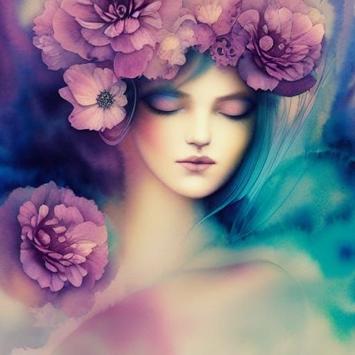 Ethereal Watercolor Portrait of a Flower Girl