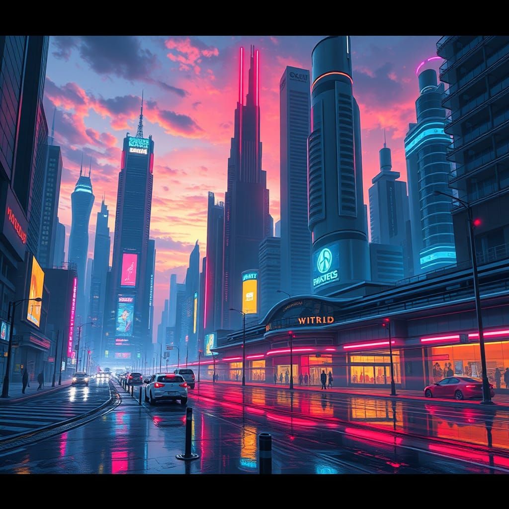 Futuristic Cityscape at Dusk in Retro-Futuristic Style