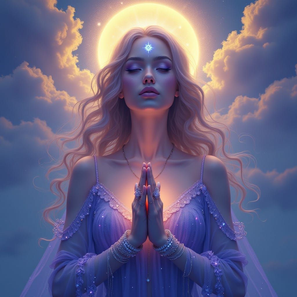 Spiritual Woman in Golden Halo with Third Eye Portal