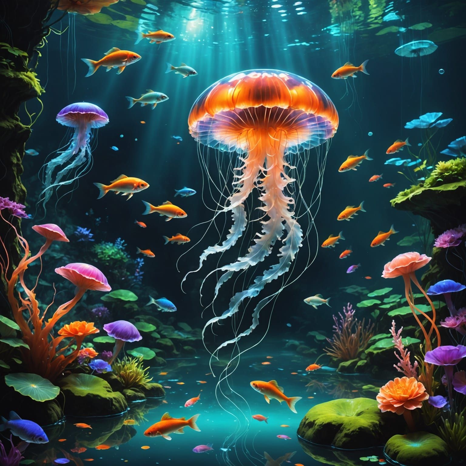 Ethereal Bioluminescent Jellyfish in a Japanese Water Garden