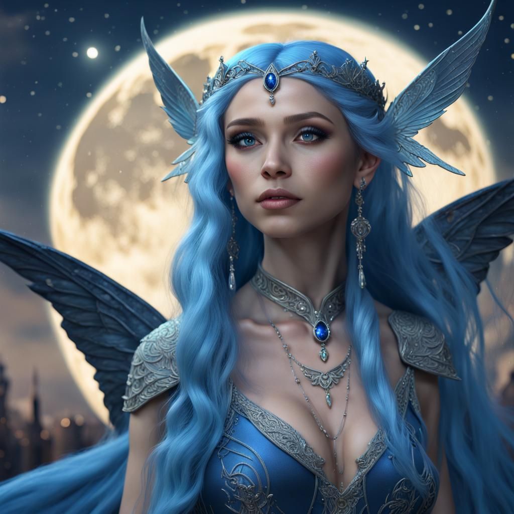 Sapphire Elf with Moon and Stars, Fantasy Art