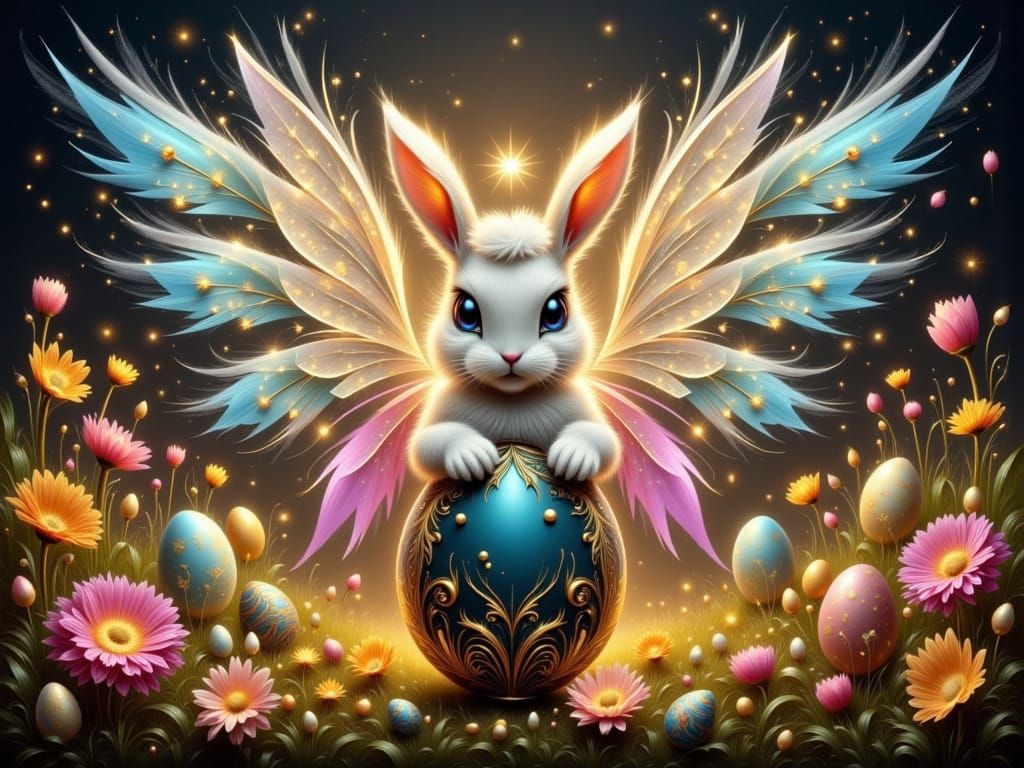 Elegant Easter Bunny Perched on Faberge Egg Amidst Whimsical...