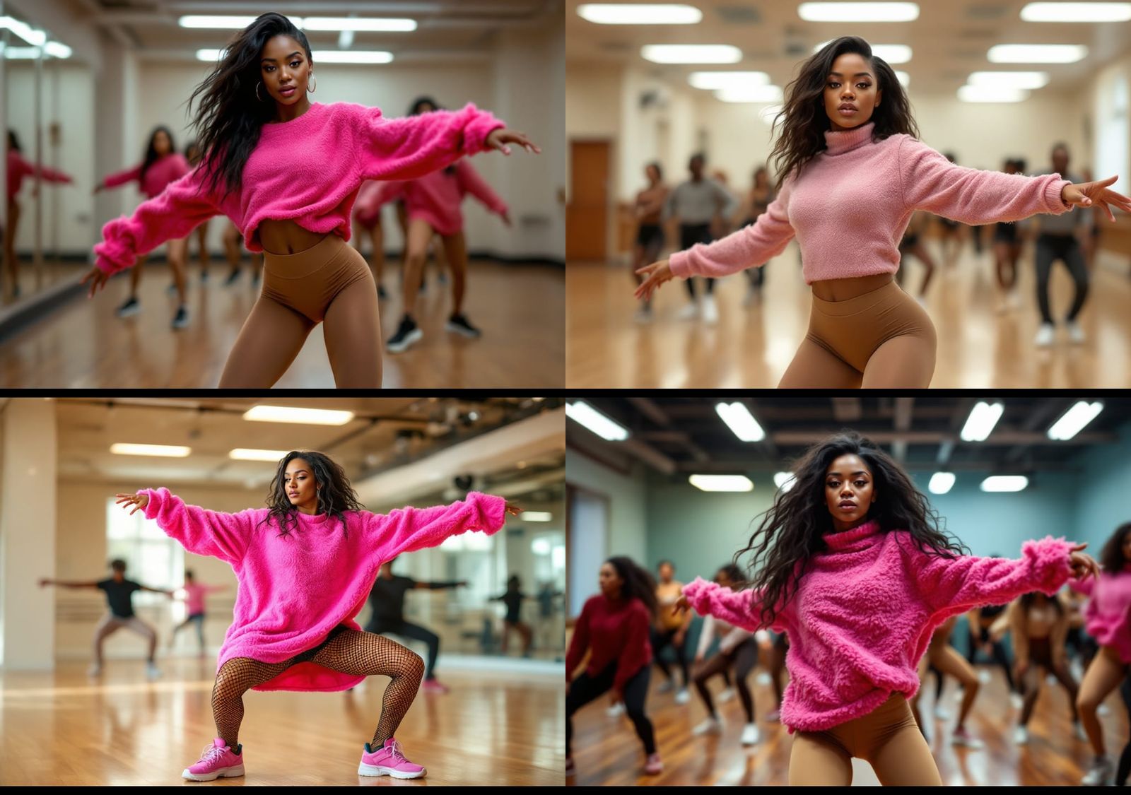 An african american hip-hop dancer wearing a long, fuzzy pink sweater and tan stockings