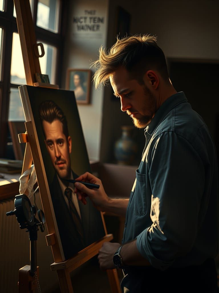 Artist Paints Own Portrait in Dramatic Studio Light