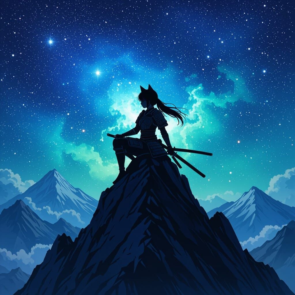 Anime Catgirl Warrior Silhouette on Jagged Peak