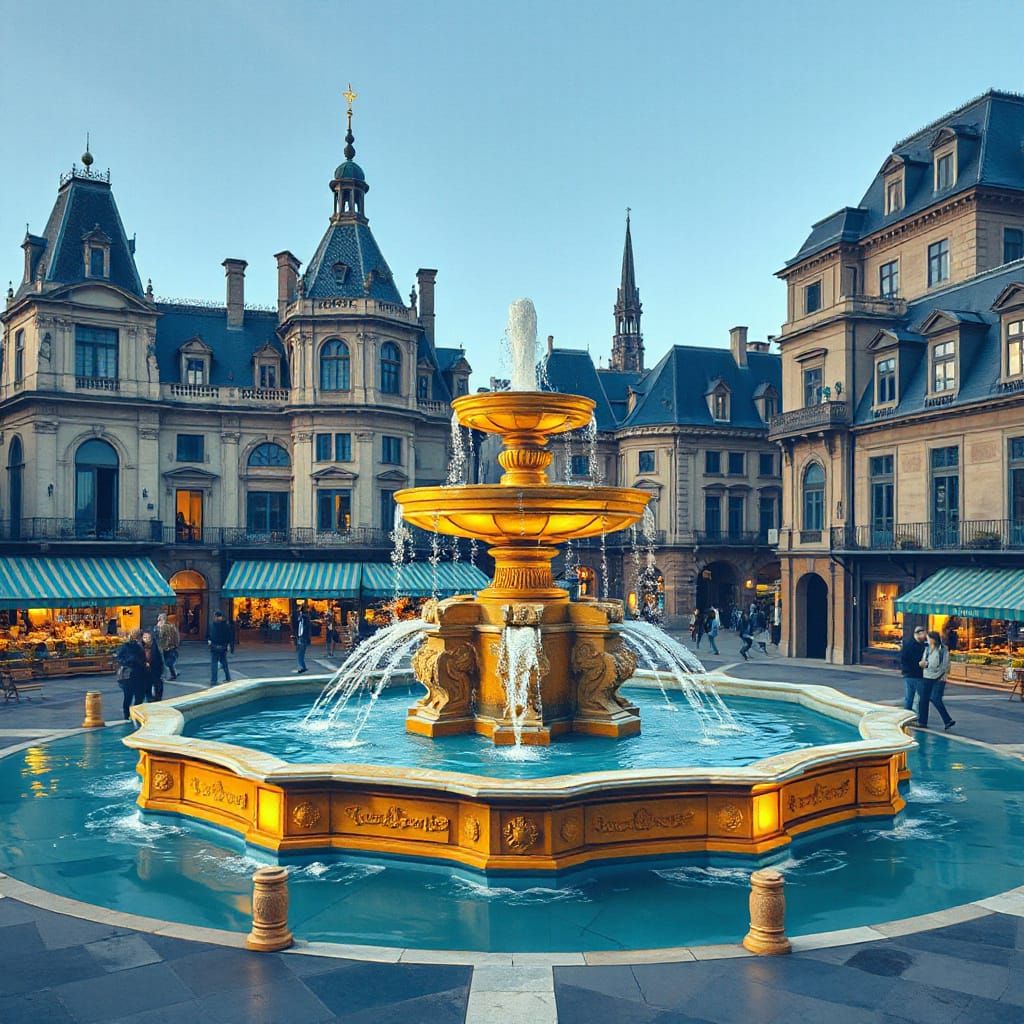 Cubist Fountain in City Square with Art Deco Elements