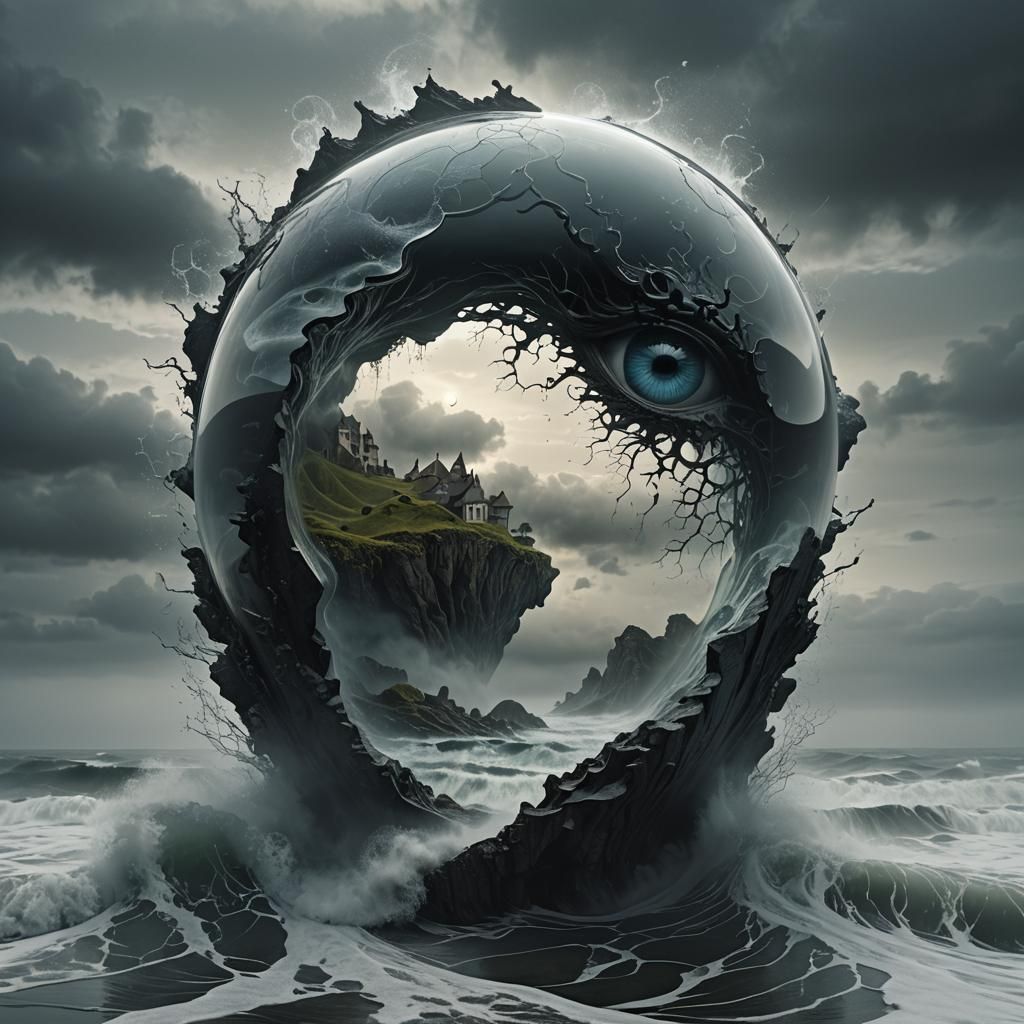 Glass 'A' with Eye and Brain in Dark Fantasy 3D Render